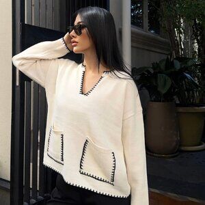 Cream V-Neck Contrast Stitch Sweater Relaxed Fit Pocket Pullover Women's